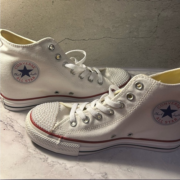 Converse Women's White High-Top Sneakers w/custom pearl embellishment. - Picture 3 of 6